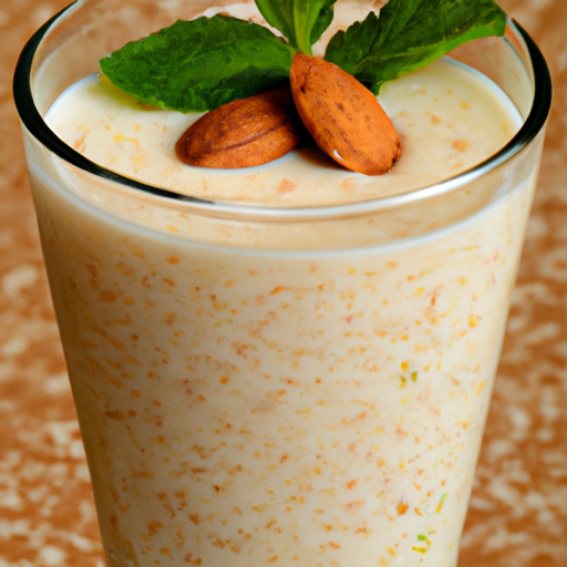 A beautifully presented almond shake in a tall glass, garnished with almonds and a sprig of mint.