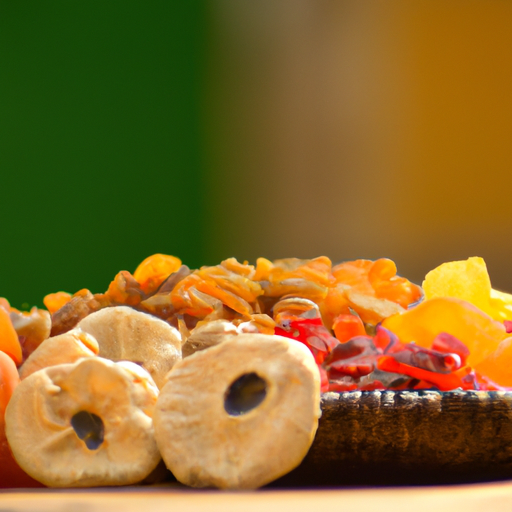 A colorful assortment of dry fruits displayed on a table.
