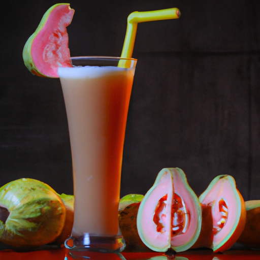 A refreshing glass of guava shake garnished with a guava slice and a straw.